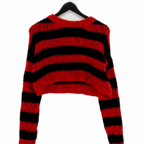 Zara Wool Blend Striped Red and Black Women's Crop Knit Sweater - Picture 1 of 3